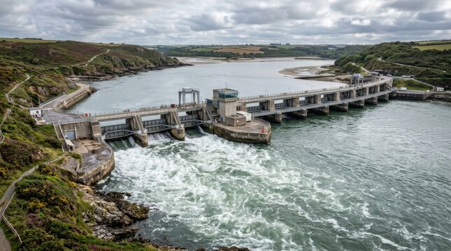 A large concrete dam spans a river beneath a cloudy sky and green hills.