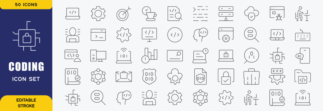 Set of 50 Programming and Coding line icons set. Coding outline icons with editable stroke collection. Includes Coding, Programmer, Website, Cloud Computing, Bug, and More