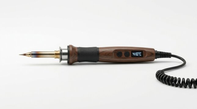 Wood handled soldering iron with digital temperature display.