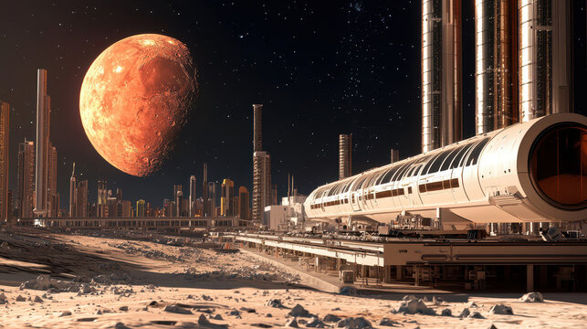Futuristic space habitat on barren landscape with large red planet in sky, showcasing advanced architecture and technology