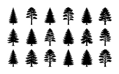 Fototapeta premium Pine Tree Silhouettes, Evergreen Forest Icons, Conifer Woodland Vector Collection, Nature Landscape Elements