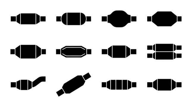 Automotive Exhaust System Components Vector Icons, Car Muffler Silencer Shapes, Vehicle Parts Graphic Elements, Black and White Set
