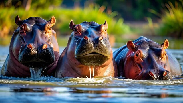 Three wild hippopotamuses (hippos) in a row emerge from the water, one with its mouth wide open, creating splashing water. African wildlife and nature close-up.