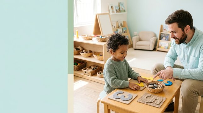 Teacher helps child with hearing implant learn numbers on table with toys in classroom educational play.