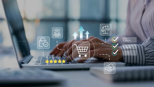 Businesswoman in modern office using animated shopping cart icon, retail analytics dashboard, ecommerce performance, customer insights, sales growth and digital commerce strategy