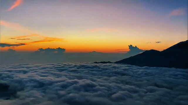 Soft golden sunrise paints wide sky, lone volcanic peak rises beside calm endless cloud sea, gentle light and mist wrap quiet vast highland scene