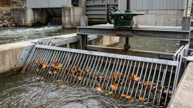 Green wheel and a screw mechanism sit on a metal water gate over the water