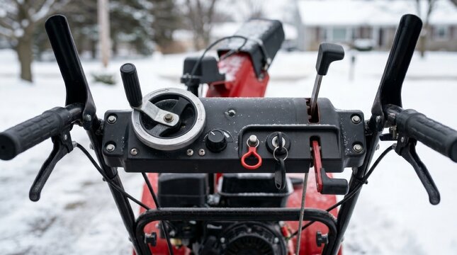 Close up view of snowmobile handlebars and control panel in snow.