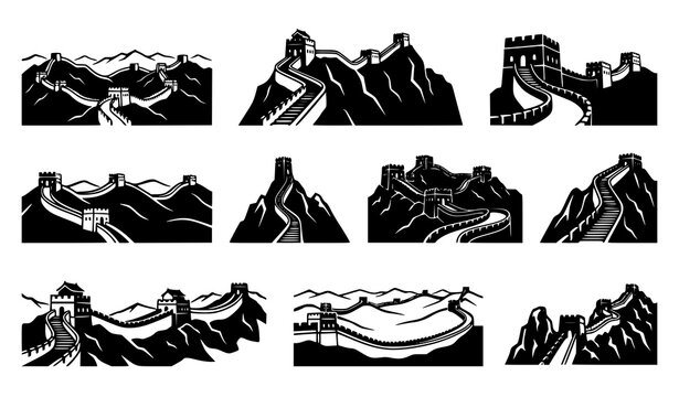 Great Wall of China silhouette collection with panoramic mountain range watchtower stairway and fortress black vector illustration scenery set