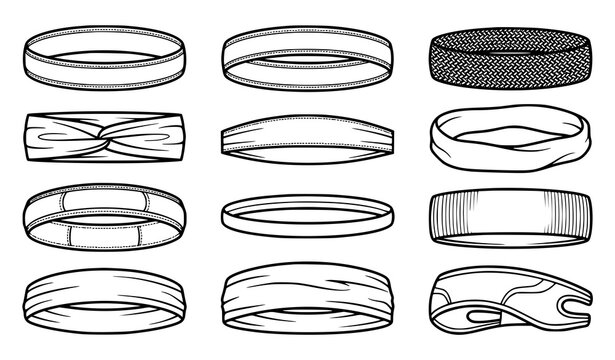 Headband collection technical flat sketch set with elastic knotted mesh striped ribbed and terry fabric styles line illustration set