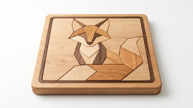 Wooden fox puzzle on square base educational toy for children.