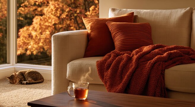 Cozy living room with a sleeping cat and steaming tea by a window
