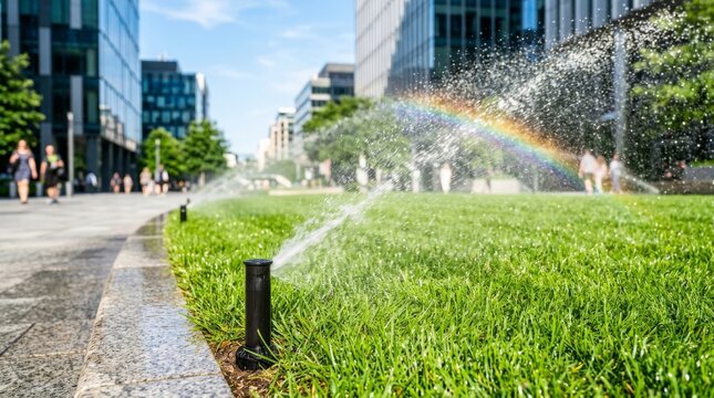 Sprinkler sprays water across a green lawn in a city park.