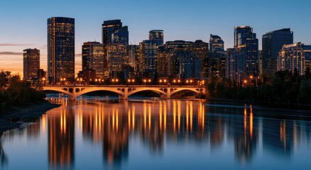 Naklejka premium Illuminated city skyline reflects on a calm river at twilight, lights glowing