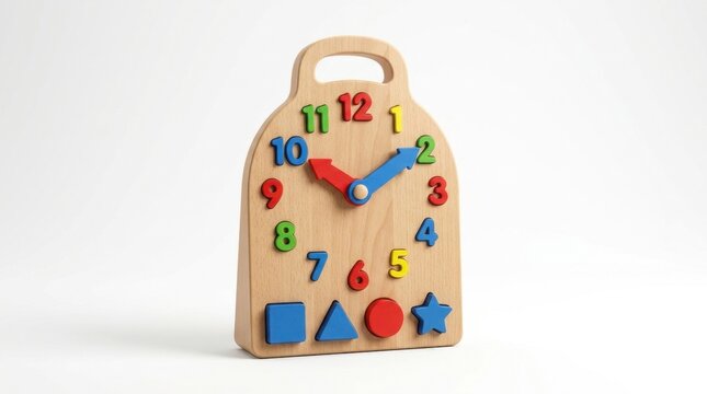 Wooden educational clock toy with numbers and shapes for teaching children about time.