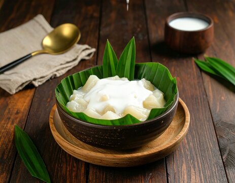 Traditional Indonesian sweet potato dessert or kolak ubi with coconut milk sauce and pandan leaf in a wooden bowl
