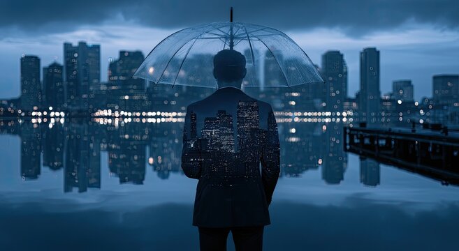 Silhouette man in suit holds umbrella, double exposed with city skyline reflection