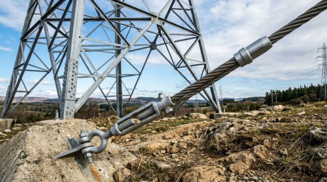 A metal lattice transmission tower sits among rocky ground with a thick cable.