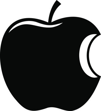 Black and white minimalist of a bitten apple with a stem fruit bite mark