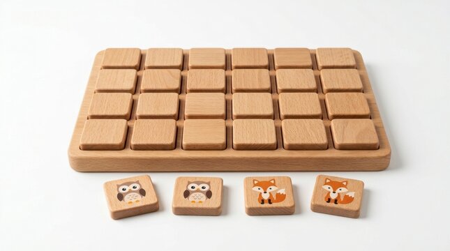 Wooden memory game with animal tiles and matching board.