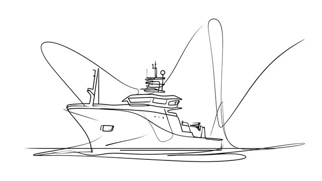 Large cargo ship sketch on white background.