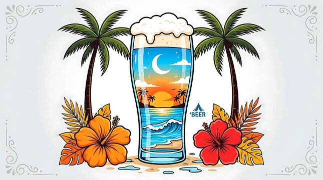 Glass of refreshing beer decorated with tropical beach scenery palm trees and vibrant hibiscus summer flowers