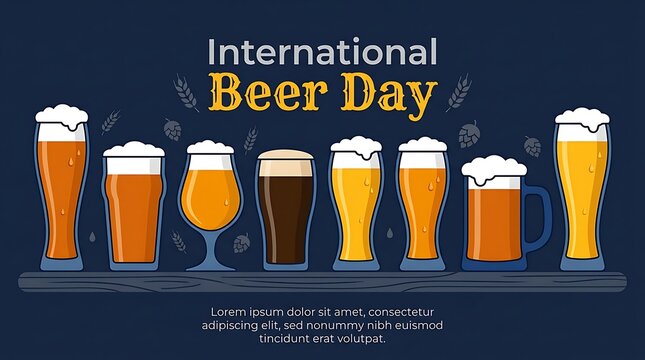International beer day celebration poster featuring various glasses of craft ale on a dark blue surface
