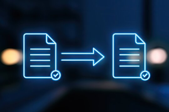 Neon blue icons depict document transfer or data migration