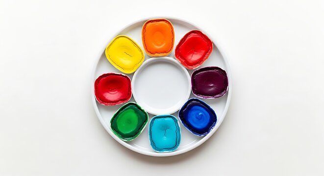 Circular watercolor paint palette with eight bright primary and secondary colors