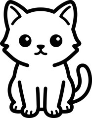 Cute Cartoon White Kitten Sitting, Simple Line Art Kawaii Cat Illustration, Adorable Pet Icon © Eca