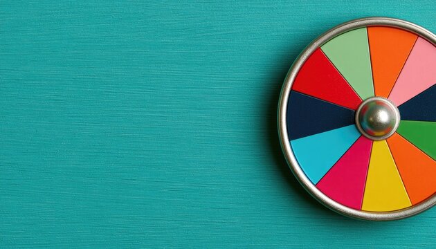A vibrant, segmented wheel with colorful sections spins against a teal surface