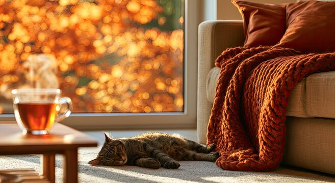 A cozy scene of a sleeping cat by a sunlit window with autumn leaves