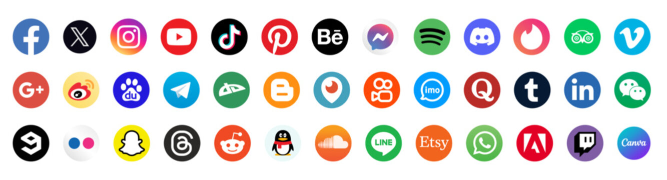Social media icon. Popular social media logo. Facebook, X, instagram, youtube, snapchat, pinterest, whatsap, linkedin, periscope, vimeo. Stock vector editorial. UKRAINE, KHARKIV, 27 JULY 2026