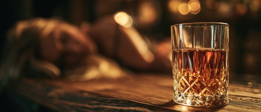 A glass of amber liquor sits on a wooden bar, a slumped figure blurred in the background