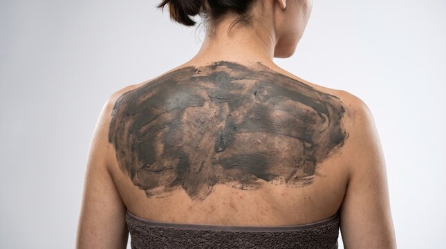 A person"s back covered with black mud or clay, likely used for a spa or therapeutic treatment.