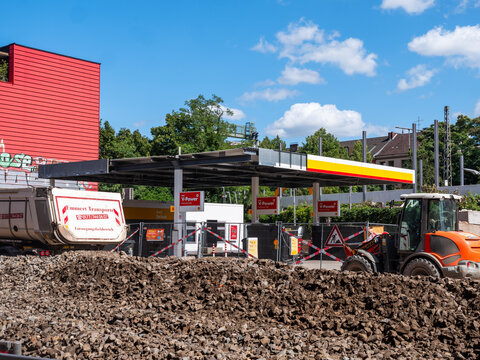 Hamburg, Germany - 07272026: canopy of a Shell gas station in Hamburg, Germany, was partially dismantled and cut back to create sufficient clearance for transporting the new Sternbr&uuml;cke railway bridge