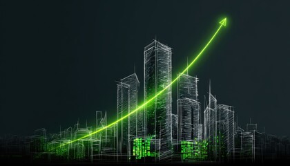 Naklejka premium Futuristic city skyline with a vibrant green upward trend arrow
