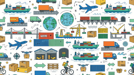 Naklejka premium Colorful Line Art Global Logistics, Cargo Shipping Transportation Network Seamless Pattern