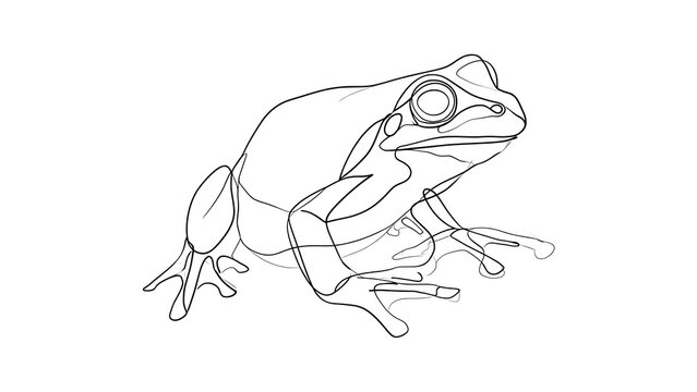 Detailed frog line drawing on white background.