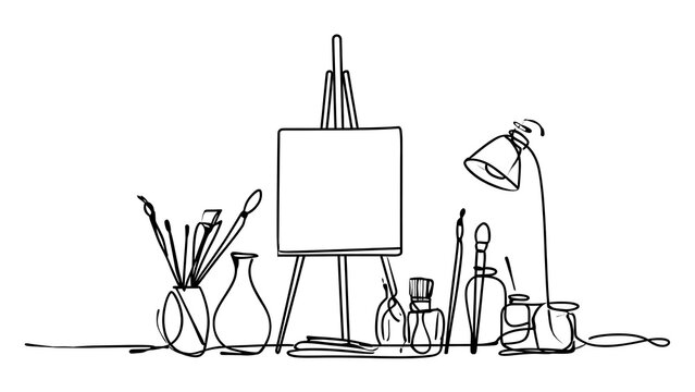 Artist studio setup with easel and tools white background.