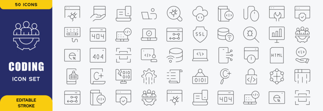 Set of 50 Programming and Coding line icons set. Coding outline icons with editable stroke collection. Includes Coding, Programmer, Website, Cloud Computing, Bug, and More