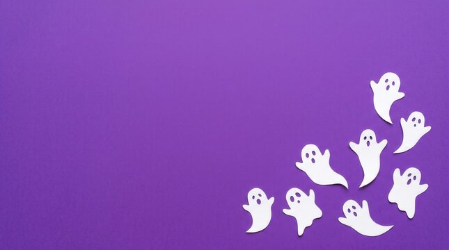 White cartoon ghosts float against a gradient purple background, evoking a playful and spooky Halloween theme.