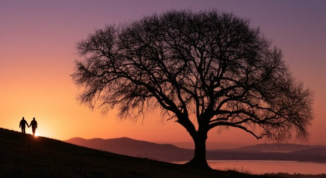 Silhouetted couple holding hands walking uphill towards a bare tree at sunset