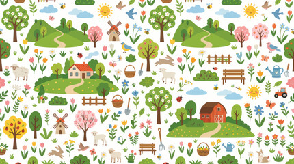 Obraz premium Charming Farm Scene with Animals, Barn, and Blooming Flowers, Flat Vector Art
