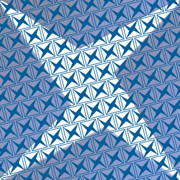 Seamless blue geometric triangle pattern with bold white zigzag design. Modern abstract tessellation background ideal for wallpaper, textiles, branding, packaging and digital graphics.