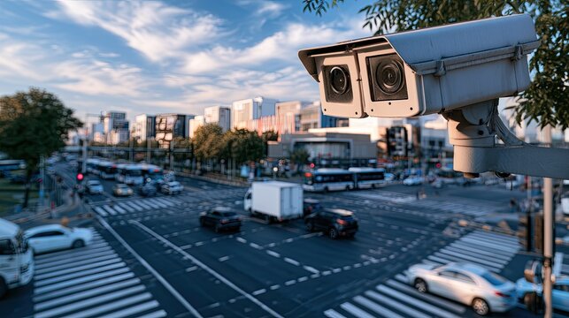 Surveillance camera overlooks busy city intersection with traffic and buildings