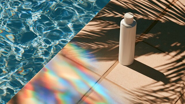White bottle by pool, sunlit, palm leaf shadows, rainbow reflections
