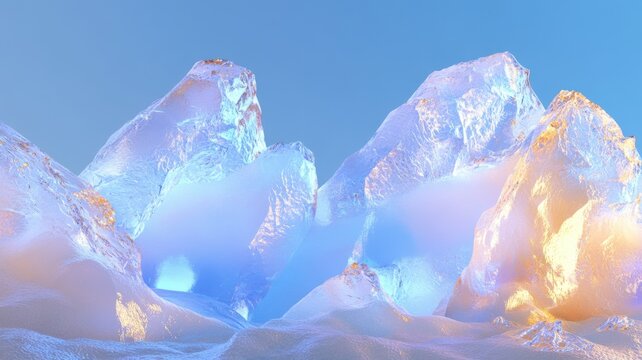 Futuristic 3D ice valley landscape with shimmering light effects