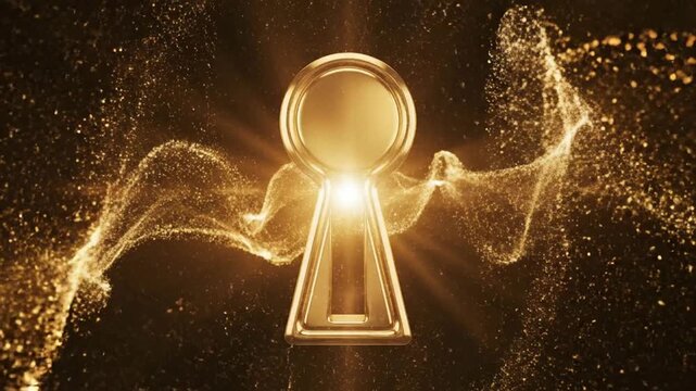 Golden keyhole opening with glowing particles and light rays abstract concept of success, opportunity, and secret discovery background