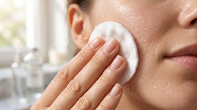 A close-up of a person gently cleansing their cheek with a cotton pad, highlighting skincare and facial care routine.